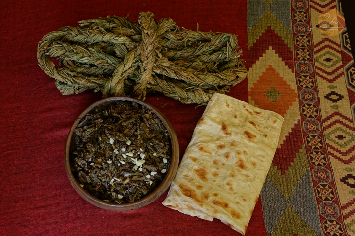 Fried aveluk with spices and lavash - Armenian vegetarian dish
