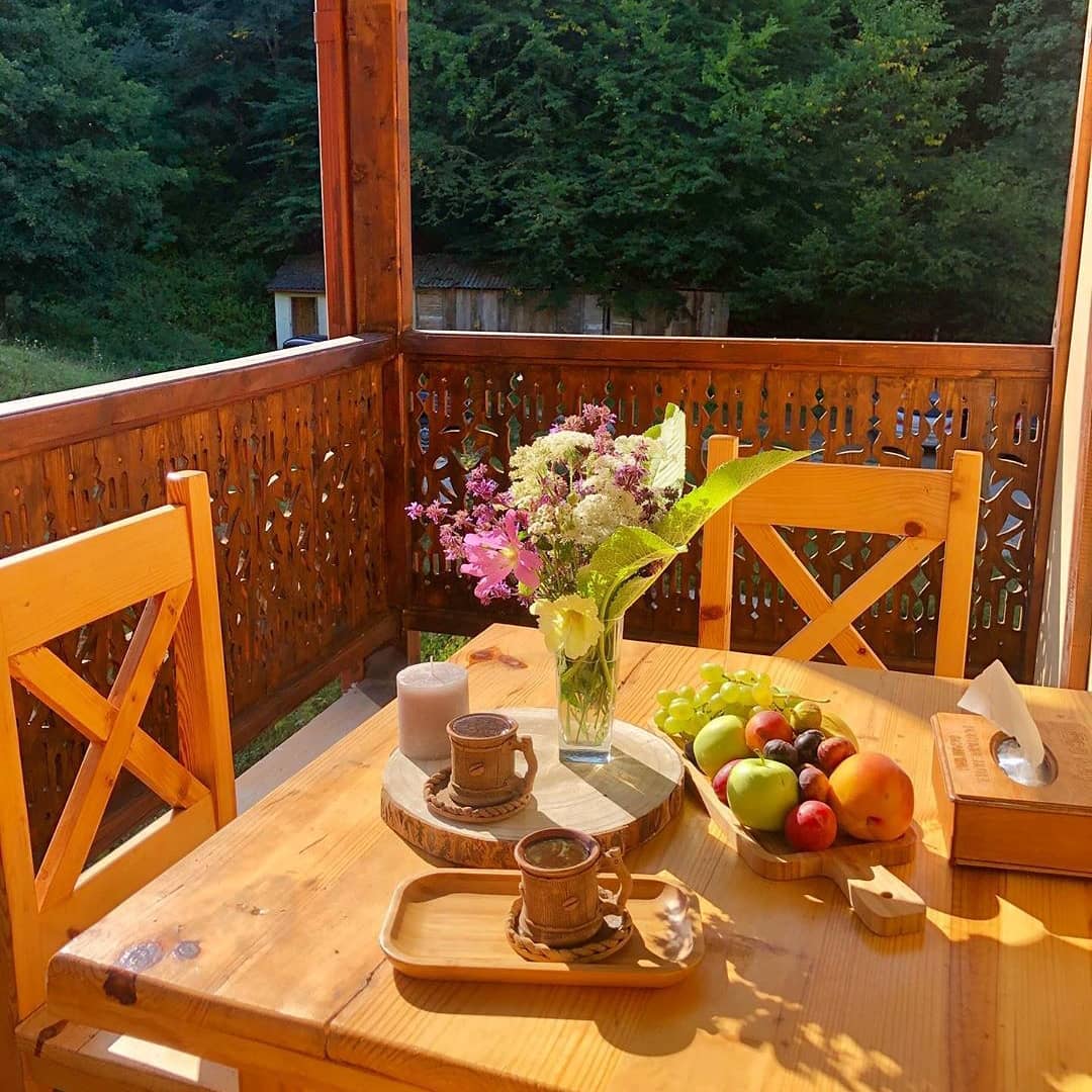 Comfort Cottage Balcony with fruits and Armenian coffee. Ecokayan Dilijan Resort Hotel